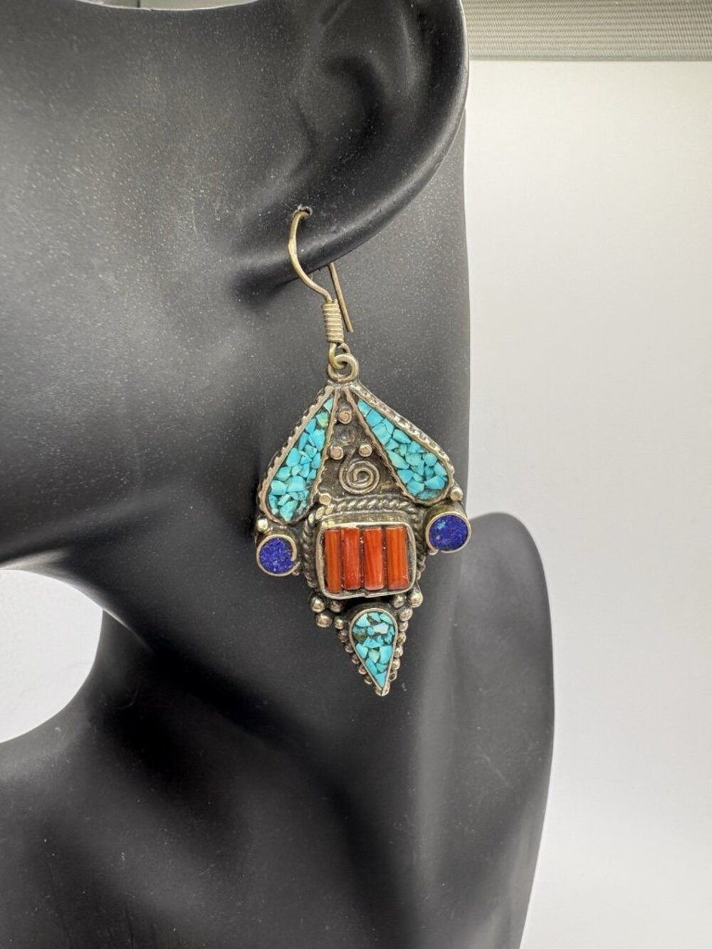 Sterling Silver 925 Crushed Turquoise Coral Lapis Earrings Tibetan Tribal 22g